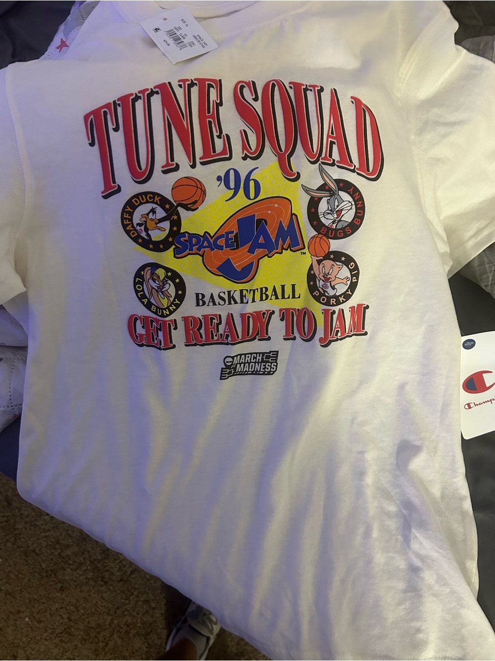 Champion White Tune Squad Space Jam Graphic Tee with Red & Yellow Print